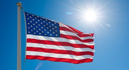 Obraz premium 🇺🇸 USA flag waving with blue sky and sun flare in background digital photo