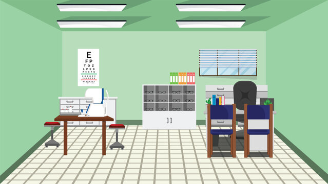 Optometry room medical hospital interior vector eye check up, eye specialist illustration