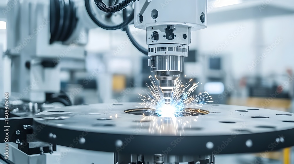 Leinwandbilder Close up view of a high precision automated welding system fabricating advanced engineering components in a modern industrial facility