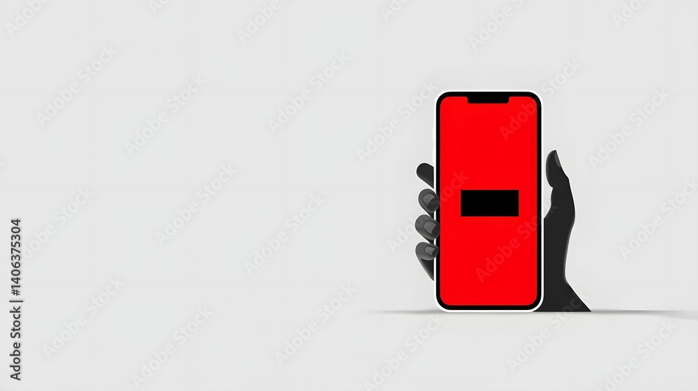 Poster close up view of a person s hand holding a modern smartphone with a red colored screen against a pla