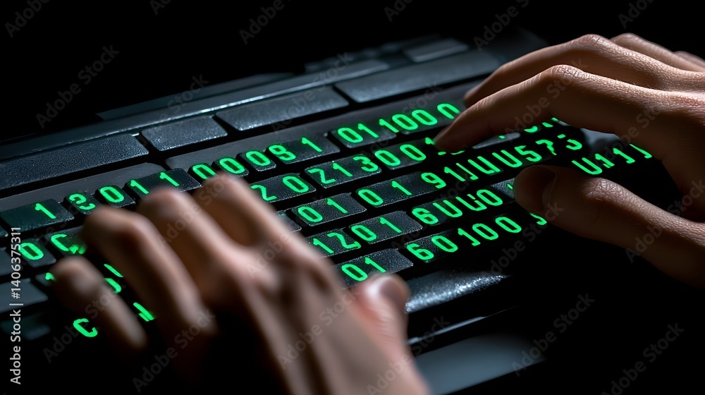 Fototapete Close up view of a person s hands rapidly typing on a computer keyboard with a green binary code overlay displayed on the screen suggesting a cybersecurity or hacking related activity