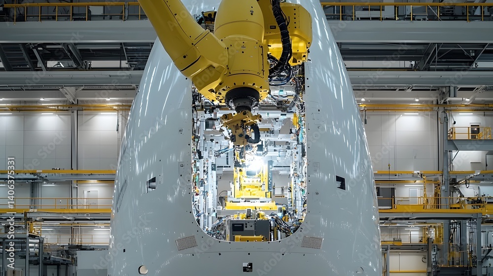 Aufkleber Close up view of a robotic arm meticulously assembling the internal components of a large wind turbine in an industrial manufacturing facility