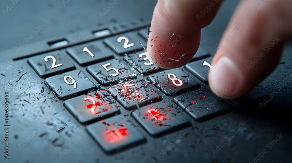Poster Close up view of a security keypad with various numbered buttons being interacted with by a person s finger