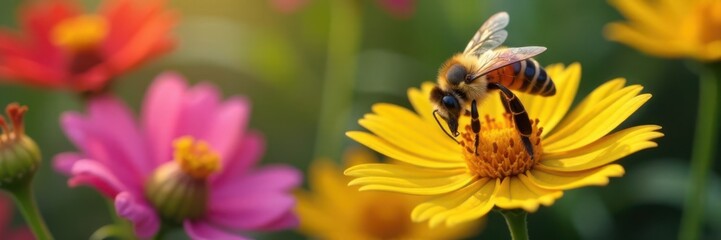 A bee collecting nectar from a colorful wildflower , bee, insects