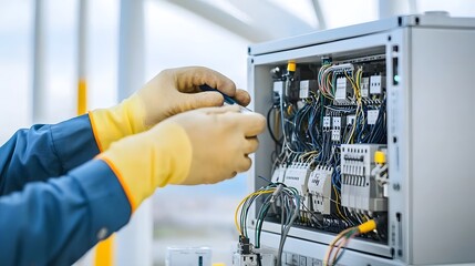Close up view of a technician wearing safety gloves carefully inspecting and repairing the electrical wiring inside an industrial control box