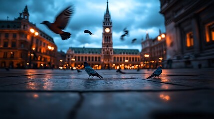 Obraz premium Twilight Pigeons with City Hall Square, and Belgrade.