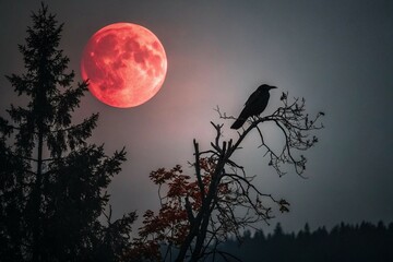 Fototapeta premium A lone crow in sharp 4K detail perches against a vivid red moon, set in a dark, moody night sky