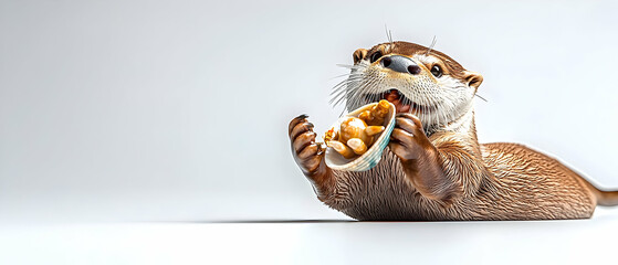 Obraz premium Playful Otter Enjoying A Delicious Meal Of Shrimp On A Clean White Background In Bright Studio Lighting