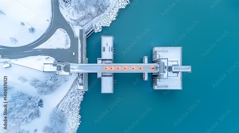 Poster Detailed infrared aerial view of a hydroelectric dam capturing the temperature differences between the water and concrete structures within the facility