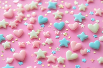 Scattered tiny sticker hearts, stars, and sparkles on pastel pink background create a dreamy, cute atmosphere perfect for decor and crafts