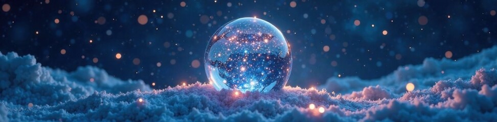 Radiant Santa cradles luminescent Christmas sphere over dim blue void with endless space , Glowing Orb, Winter Magic, Glowing Christmas Sphere