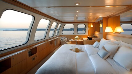 Fototapeta premium Elegant and spacious cruise ship cabin with floor to ceiling offering stunning panoramic views of the open ocean