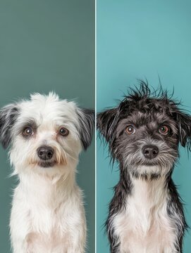 Dog grooming transformation showcases playful pup with messy and clean fur in a vibrant split-screen display during indoor grooming session