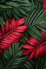 A vibrant arrangement of red and green leaves, showcasing tropical foliage in a visually striking pattern.
