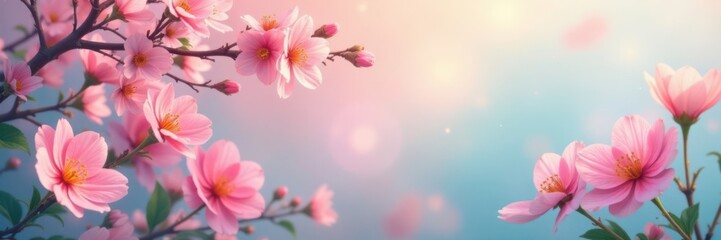 Fototapeta premium Soft pastel hues with blooming flowers and leaves, botanical, floral