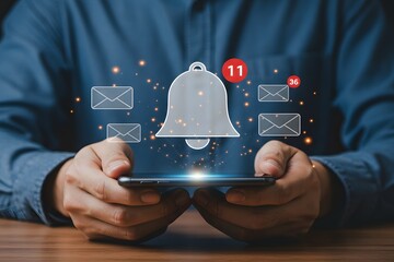 Alert notification concept. Push Notifications, Web Reminders, Time Table and Announcements. Person using smartphone with notification icon on virtual screen, smartphone in hands, notification bell