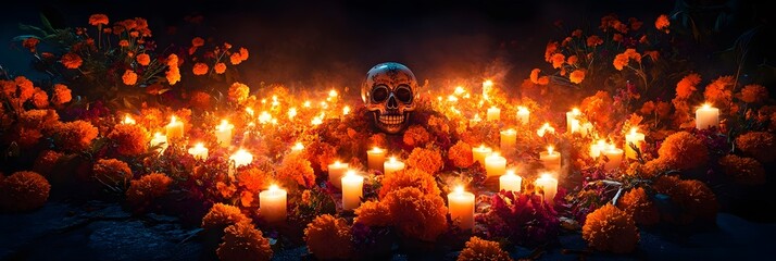 Day of the Dead Altar with Skull Marigolds and Candles