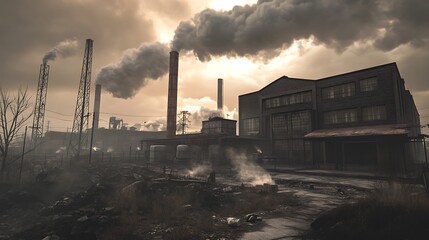 Industrial landscape with massive smokestacks and billowing smoke plumes under grey skies


