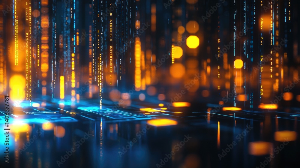 Poster Futuristic 3D digital environment with glowing blue and orange code streams and neon grids. Ideal for AI, big data, cybersecurity, and virtual system technology themes