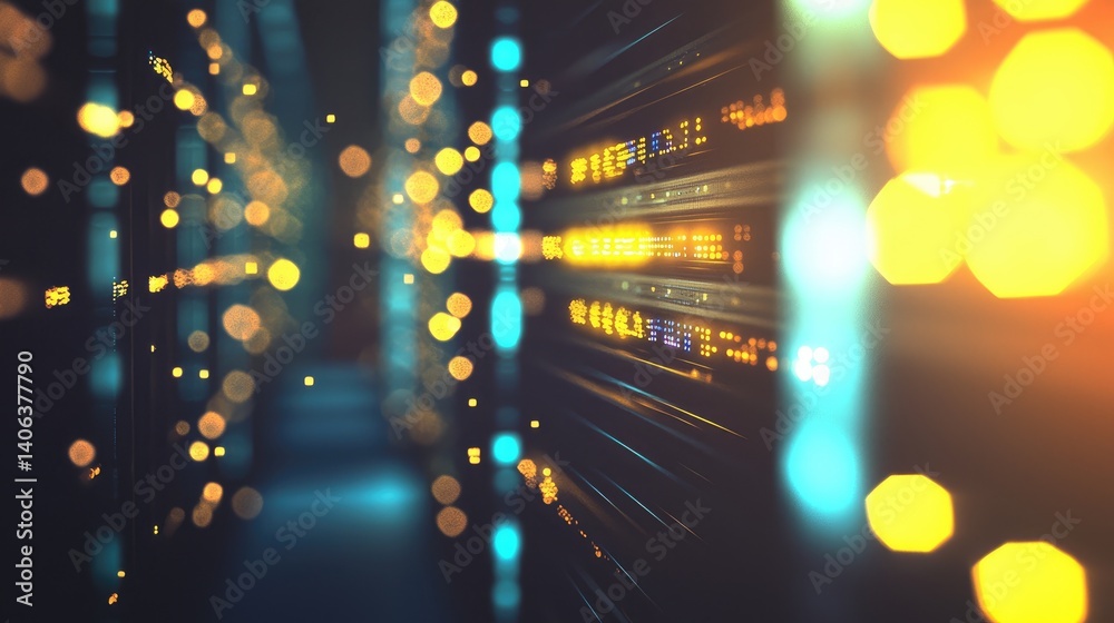 Aufkleber Server corridor with glowing orange and blue lights and floating digital particles. Perfect for cloud systems, cybersecurity visuals, and modern tech background themes