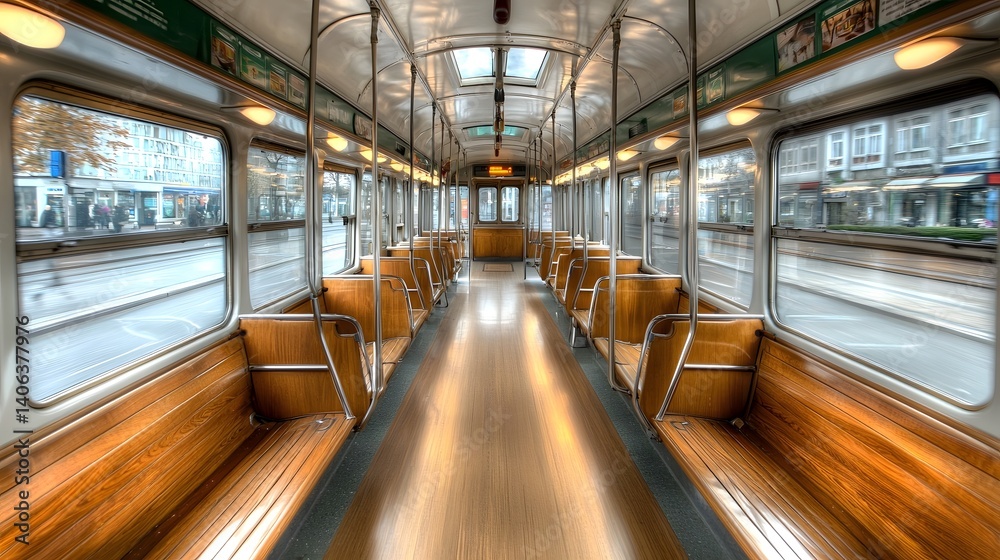 Poster the interior of a historic tram with polished wooden benches ornate lighting fixtures and metal hand