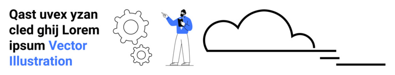 Person pointing towards a cloud, emphasizing cloud technology and innovation, accompanied by gears symbolizing productivity and development. Ideal for tech, innovation, cloud computing, productivity