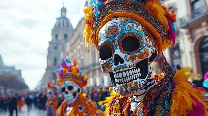 Colorful Sugar Skull Mask at Day of the Dead Celebration in Mexico