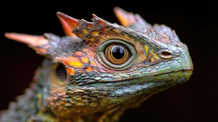 Fototapeta premium Horned lizard reptile close up vivid colors detailed texture
