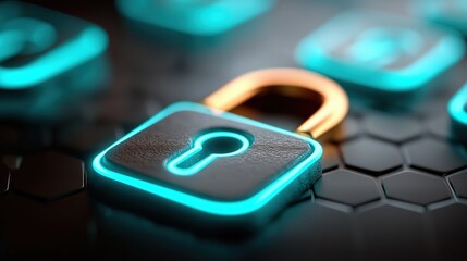 Digital security icon, glowing blue padlock on keyboard, represents online safety and cybersecurity themes, ideal for tech projects.