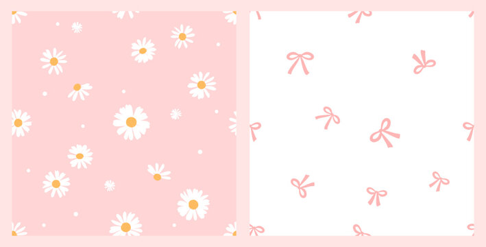 Fototapeta Seamless patterns with daisy flower and ribbon bows on pink and white backgrounds vector.