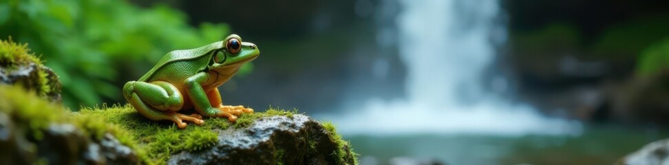 Naklejka premium Frog perched on a moss-covered rock near a waterfall, frog, nature