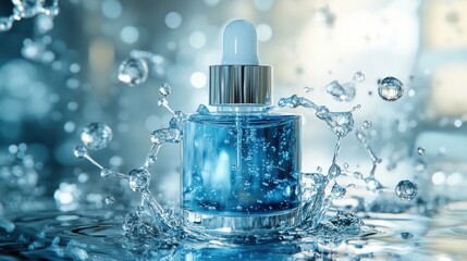 serum bottle with dropper surrounded by water splash showcasing hydration and purity for skincare and cosmetic product advertising concept