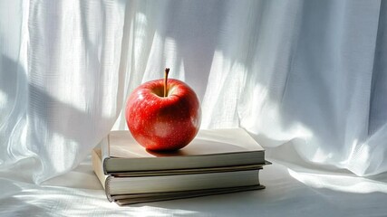 Red apple on stacked books with soft sunlight backdrop - Powered by Adobe