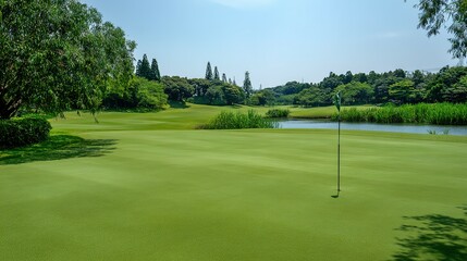 Expansive golf course fairway with a tranquil water feature.