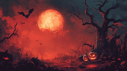 Halloween Night Scene with Red Moon Bats and Jack o Lanterns