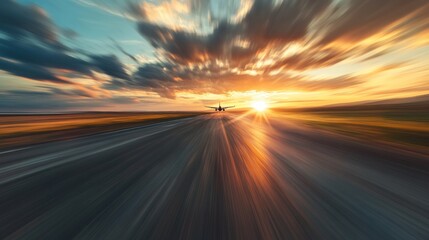 Airplane Taking Off at Sunset over Runway