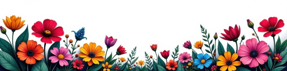 Colorful flowers and foliage with black outlines against a contrasting white background, modern flower arrangement, floral patterns, colorful blooms