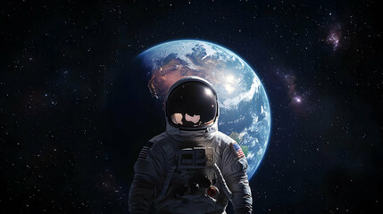 Pixelated Astronaut Standing Before Earth Surrounded By Starry Universe In Deep Space