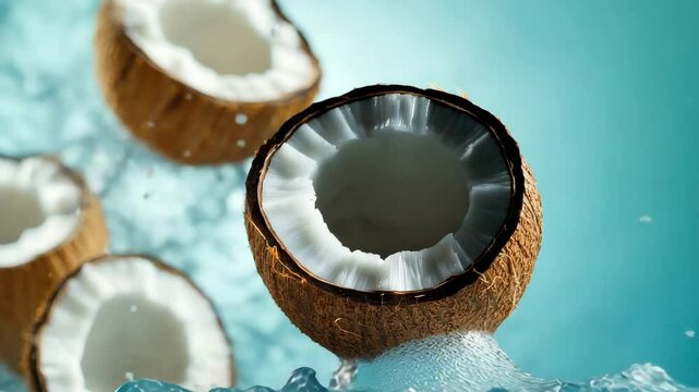 Fresh coconut halves on blue background