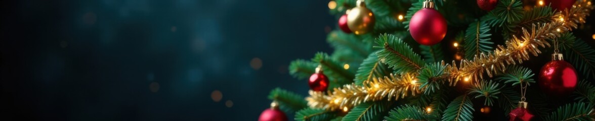 Decorated Christmas tree with colorful balls and tinsel, indoor, tinsel