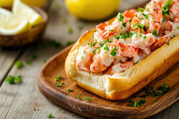 Delicious lobster roll topped with fresh herbs, served on wooden plate, perfect for seafood lovers