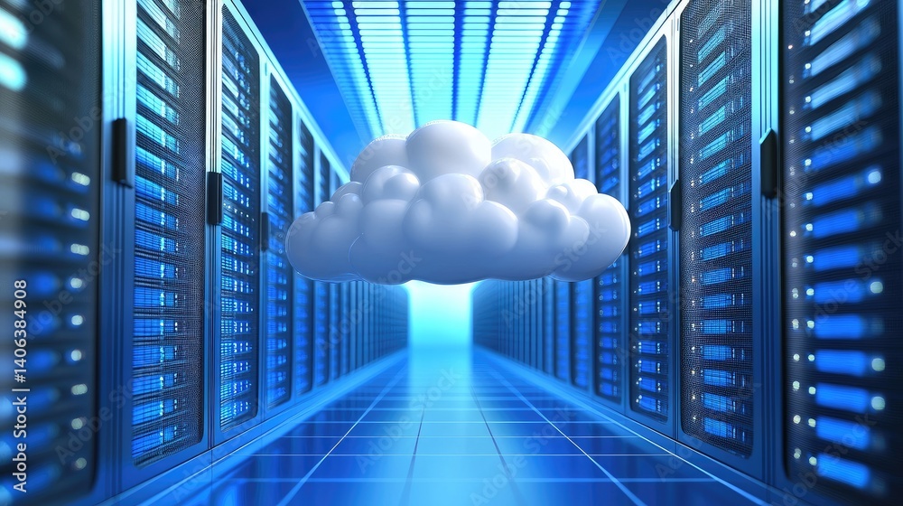 Aufkleber 3D-rendered cloud floating in a glowing blue server room, representing cloud storage and digital data environments. Ideal for cloud computing, IT, and digital transformation
