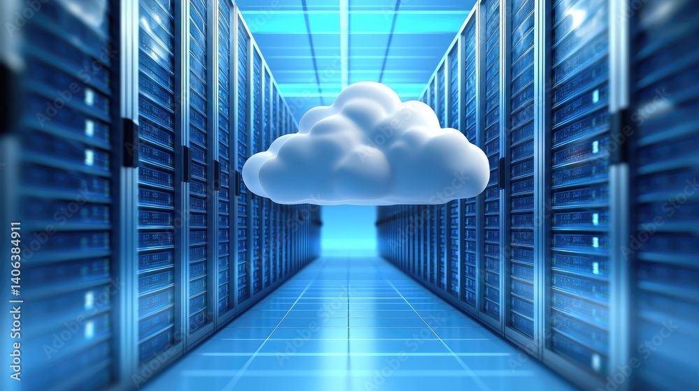 Poster 3d illustration of a cloud floating in a futuristic server room, symbolizing cloud computing and dig