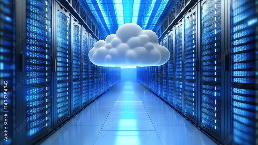 Poster 3D cloud symbol hovering in a blue-lit server room, representing modern cloud computing, digital storage, and virtual infrastructure. Ideal for IT, AI, and tech services
