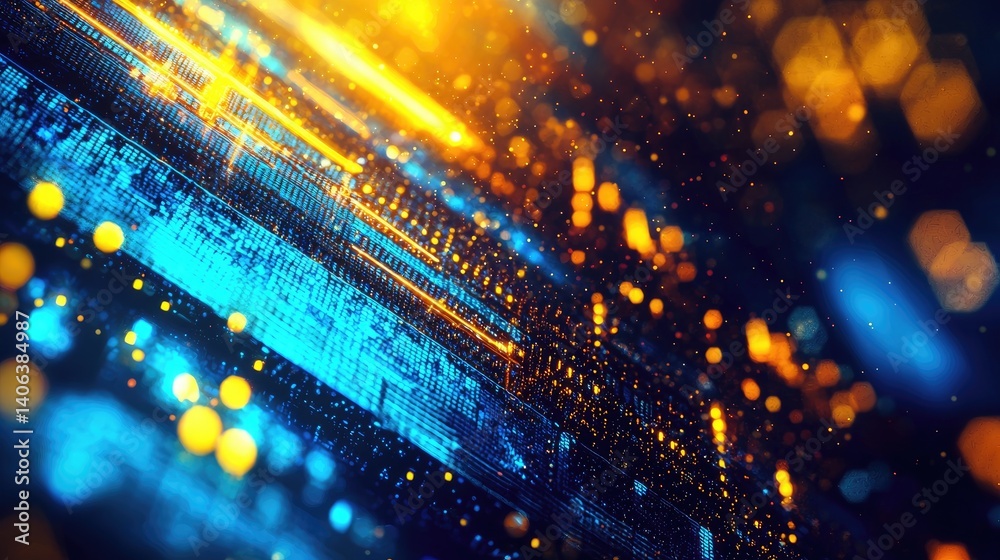 Aufkleber Dynamic abstract visualization of blue and orange data streams with glowing particles, ideal for themes on digital networks, AI, cybersecurity, and futuristic computing systems