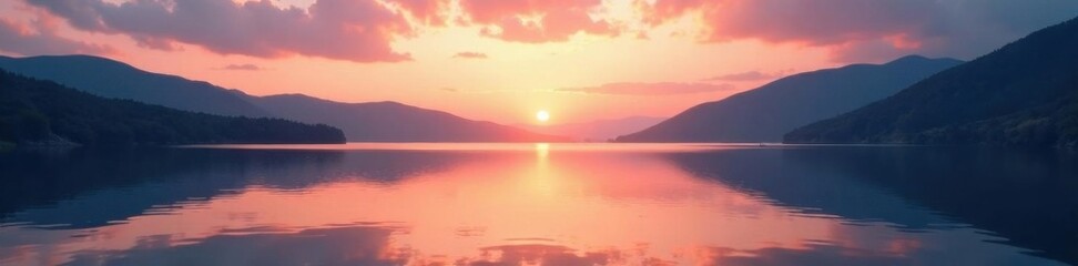 Softly lit lake surface reflecting serene dawn sky, soft lighting, morning mist, gentle ripples