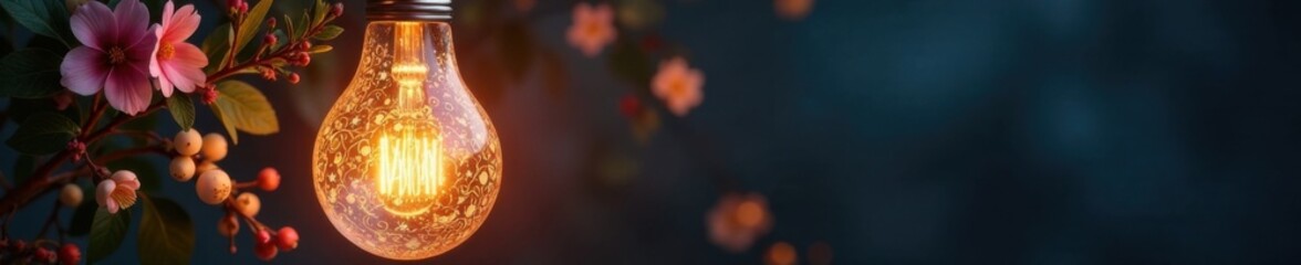 Intricate floral design adorns a modern light bulb, lighting element, symbolism, innovation