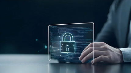 Cybersecurity Concept With Hand Holding Futuristic Hologram Display Showing Lock Icon Over Dark Background In Blue And Green