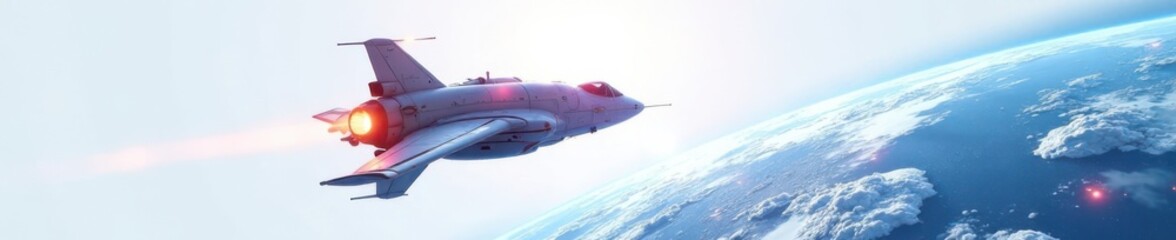 Spacecraft orbiting the Earth against a bright white futuristic background, galaxy, earth from space