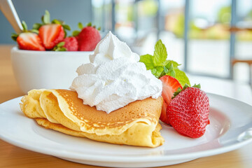 Delicious pancakes topped with whipped cream and fresh strawberries, served with side of fruit